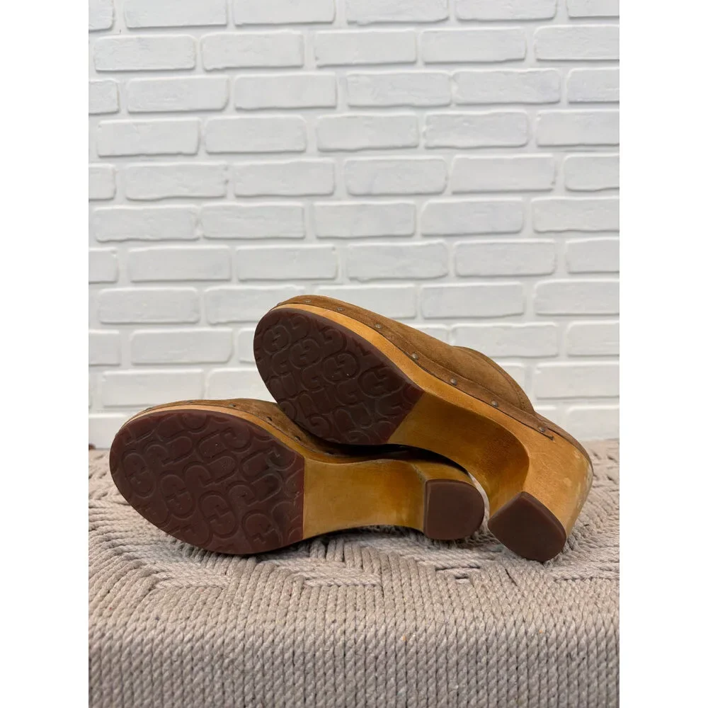 Ugg Studded Suede Platform Clogs Chestnut Wood Heel Size 6